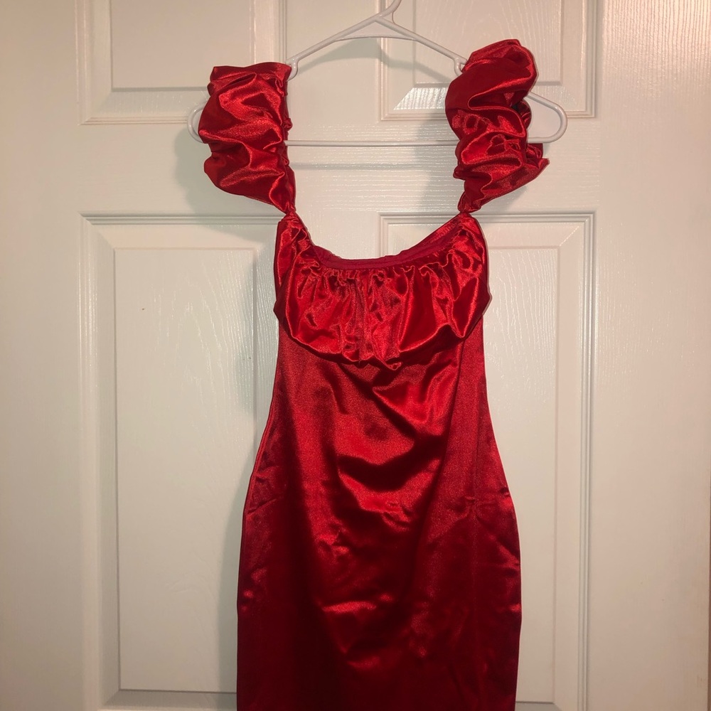 NWT red satin off shoulder dress